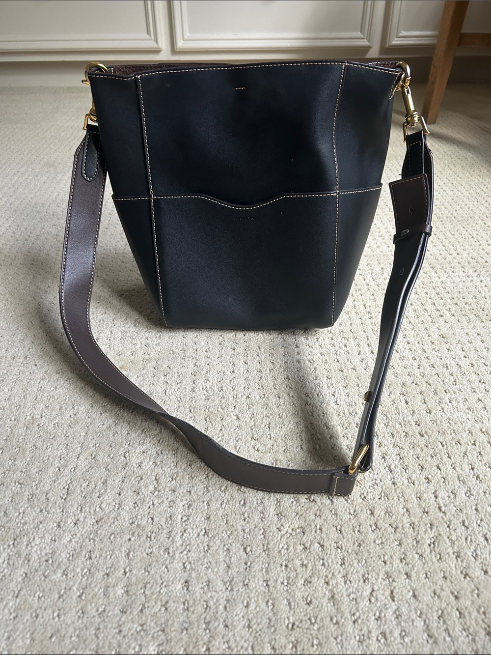 Aallyn Jordan Black Leather Bucket Bag with Adjustable Strap
